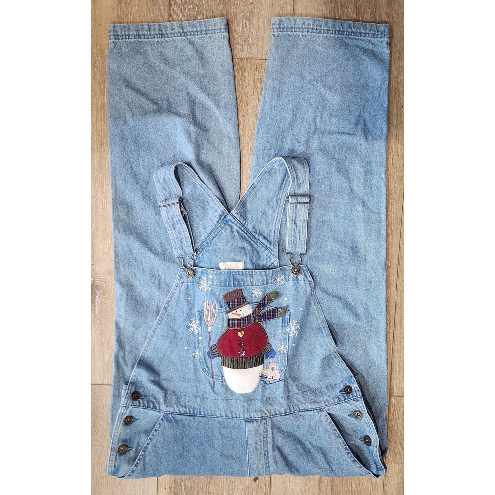 Christopher & Banks Denim Overalls Embroidered Snowman Christmas Winter Scene